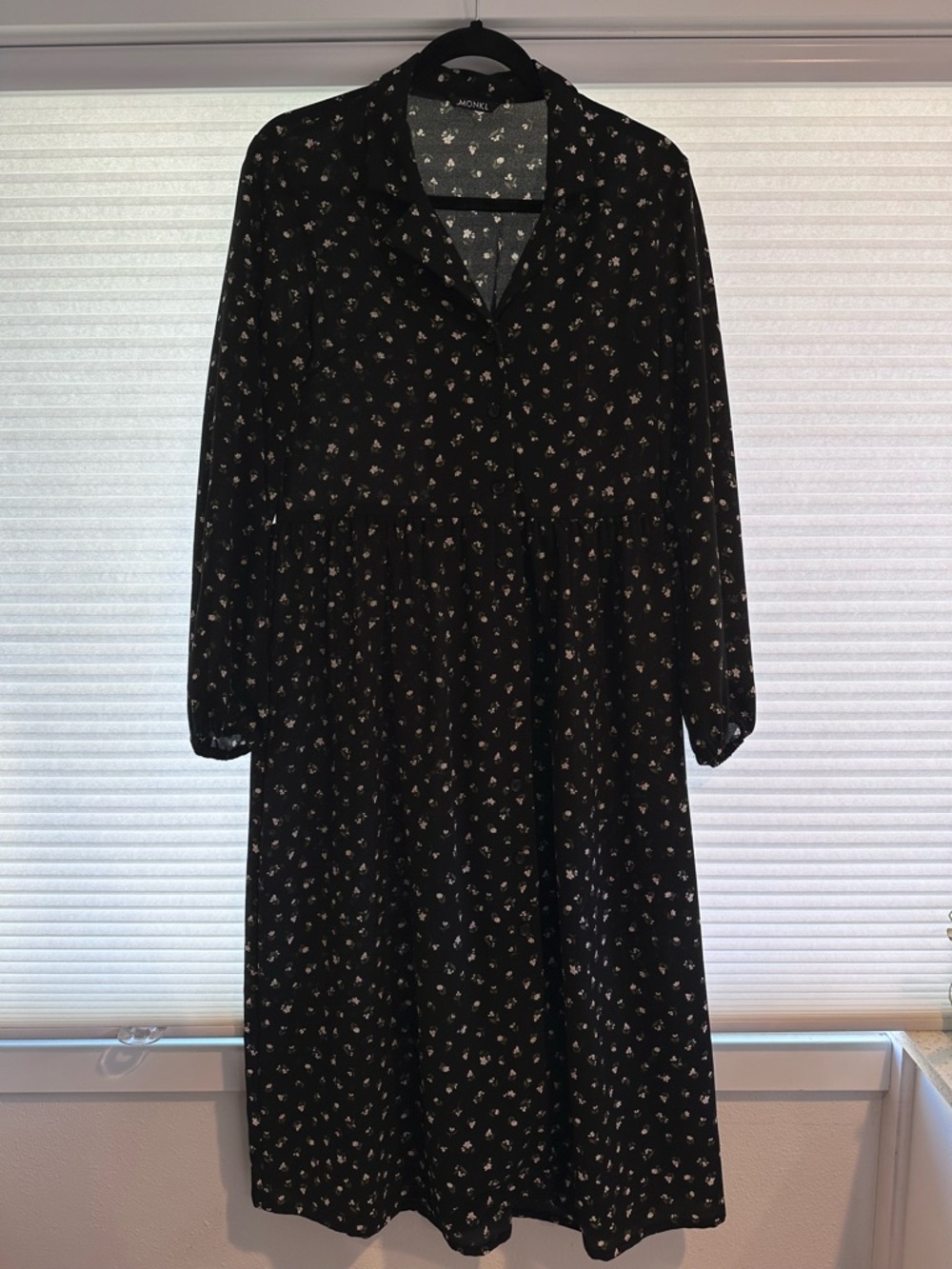 Monki Black Floral Long-Sleeve Midi Dress